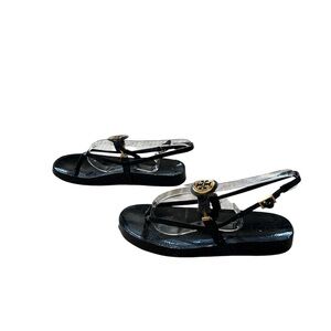 Tory Burch navy blue patent leather thong flat slingback sandals gold logo sz 7